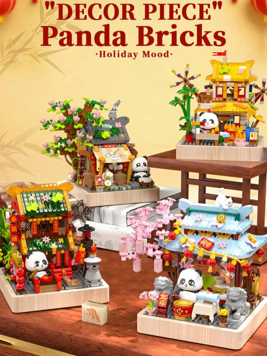 New Chinese Style Street Scene Building Blocks, Panda Small Shop Building Blocks Toy Set (With Base), Small Particle Building Blocks, Plastic Building Blocks Assembly Model Toys, Fun Ornaments Decorations, Souvenirs/New Year Gifts