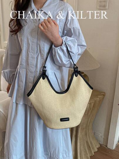 CHAIKA & KILTER 1pc Solid Color Straw Shoulder Bag, Women's Vacation Style Casual Large Capacity Tote Bag, Hollow Straw Bag With Dual Handles, Zipper Closure, Suitable For Daily Commute And Vacation