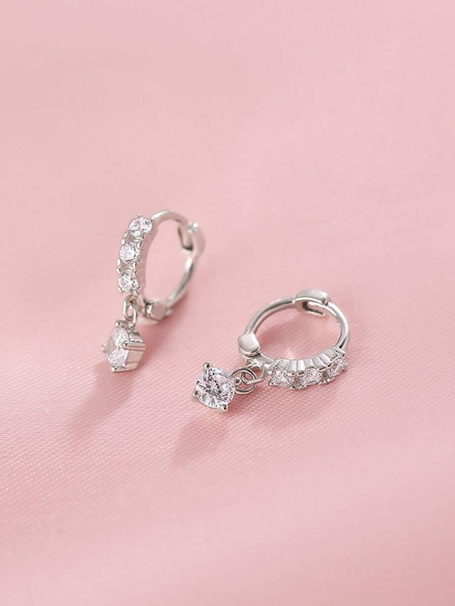 一对简约锆石小耳夹，精致时尚的镶钻戒指耳环，易于搭配 - 銀色 - 查看 1