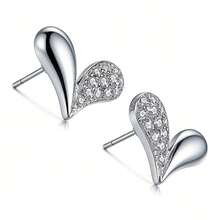 925 Silver Delicate Minimalist Pave Heart Design Earrings, Gentle Elegant Earrings, Gift For Girlfriend On Anniversary - Silver - View 3