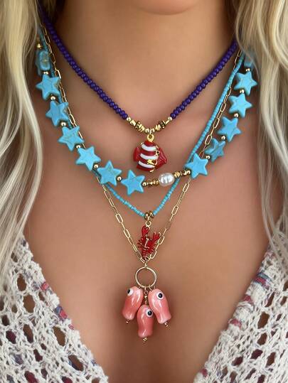 4pcs Bohemian Clownfish, Lobster, Starfish & Turquoise Pendant Beaded Necklace Set, Multi-Layer Wearable Necklace, Summer Beach Jewelry For Women