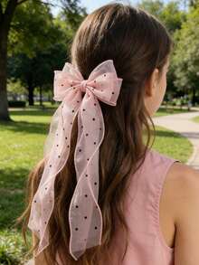 1pc Girls' Sweet Polka Dot Mesh Bow Ribbon Hair Clip, Versatile Daily Wear - Multicolor - View 8