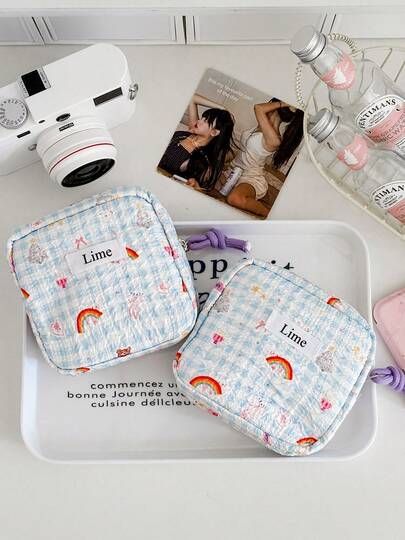 Plaid Rainbow Sanitary Pad Storage Bag, Soft Fabric High-Quality Minimalist Zipper Design, Multifunctional Cosmetic Makeup Bag, Toiletry Travel Bag, Daily Lipstick Cosmetic Accessory Storage Bag, Fashionable And Beautiful Ladies Bag For Home And Daily Use