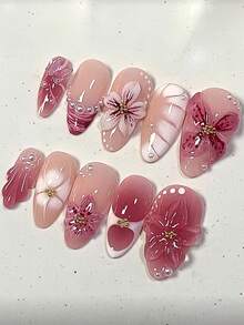 Y2K花卉亚克力中号杏仁形按压式美甲贴纸DIY 3D全息假指甲套装，配白色珍珠和蝴蝶装饰，适用于美甲沙龙、女孩和女性，日常佩戴、节日、派对和礼物 - 彩色 - 查看 2