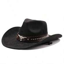 1pc Unisex Suede-Like Faux Leather Bull Head Decor Cowboy Hat, New Retro Cyberpunk Boho Style Cool Adjustable Cord Wide Brim Hat, Street Fashion, Men's Gift, Suitable For Parties, Western Themed Events, Gatherings, Cosplay, Graduation, Masquerade, Festivals, Birthdays, Music Festivals, Travel And Hiking,Summer,Beach - Top Hat - View 2