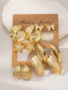 新款欧美跨境时尚简约创意叶形蝴蝶结水滴形女士耳环套装，百搭优雅 - 金色 - 查看 3