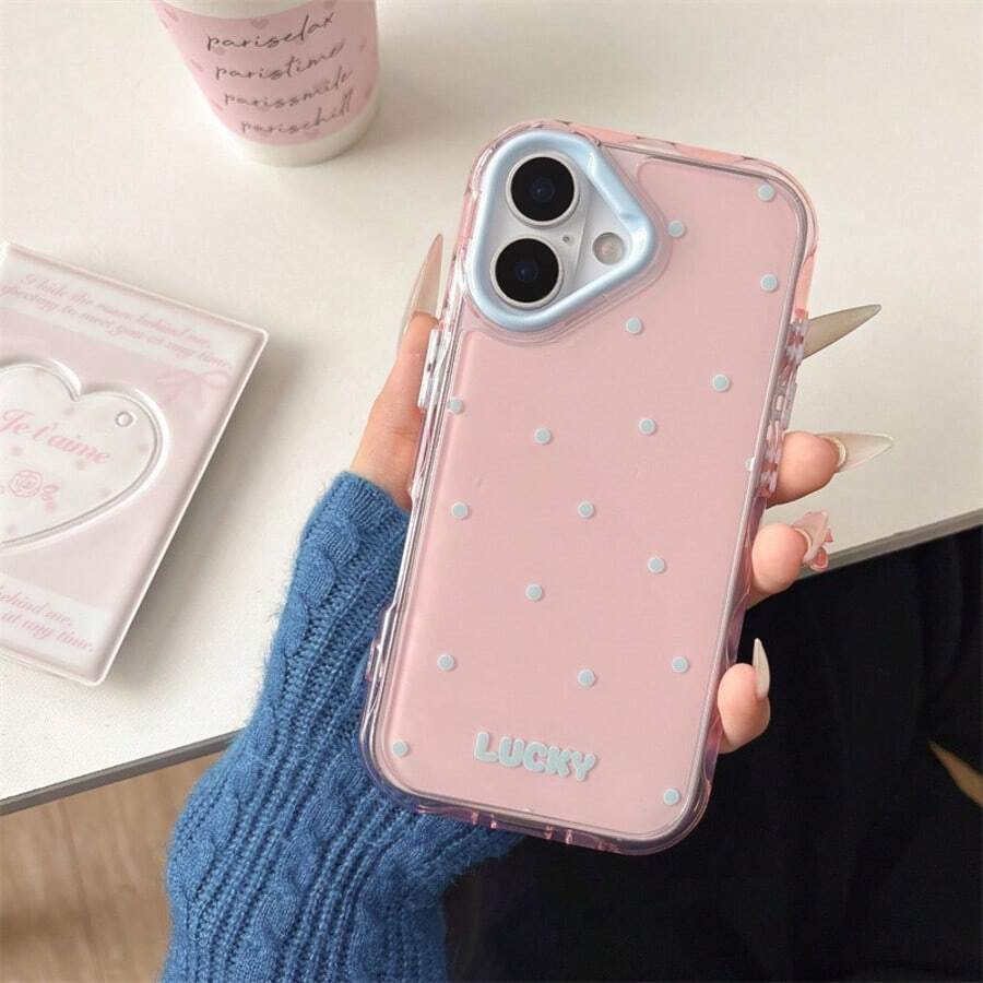 适用于 17/17 Pro/17 Pro Max/16/15/14/13/12/11 系列，1 件装 INS 果冻二合一波点图案时尚全包防震保护手机壳，适用于 17 Pro Max 手机，带卡槽手机壳 - 粉色 - 查看 1