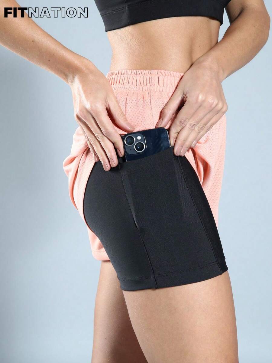 WOMEN'S DOUBLE FITNESS SHORTS IDEAL FOR RUNNING AND THE GYM - 珊瑚粉 - 查看 1