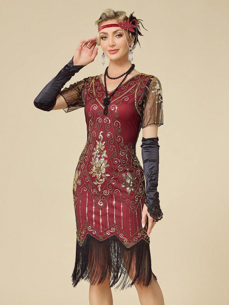 Đầm Flapper nữ thập niên 1920, kiểu dáng Great Gatsby với tua rua đính sequin và phụ kiện thập niên 20 - Trang phục dự tiệc phong cách thập niên 20 sôi động. - Đỏ - Xem 1