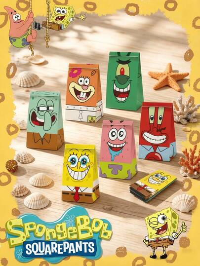 SpongeBob SquarePants 12个随机海绵宝宝主题牛皮纸礼品袋，尺寸多样，大容量，可装糖果、零食，图案包括派大星、章鱼哥、珊迪、蟹老板和小水母。适用于礼品、商品、商务、购物、零售、生日派对、情人节礼物、全年装饰，是送给朋友的完美背包礼物，也是生日派对惊喜糖果盒、派对装饰礼品袋和最佳节日礼物盒。