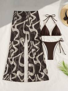 Solid Color Bikini Set With Sheer Cover Up Pants For Beach Vacation Summer - Brown - View 4