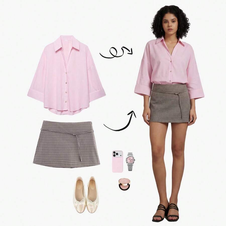 Falda casual de línea A con diseño de hebilla a cuadros para mujer - cuadros gris oscuro - Ver 1