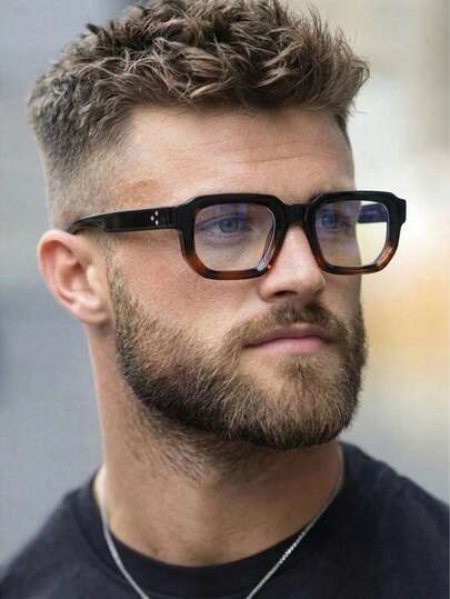 一副男士塑料黑色豹纹休闲个性化小框矩形撞色眼镜，日常通勤街头风百搭时尚透明镜片眼镜，适合近视