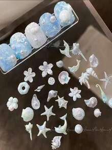 1个法式奶油色裙边美甲模具，3D硅胶模具，适用于树脂工艺品，哥特蛋糕蕾丝裙边奶油色条纹蝴蝶结图案；1个贝壳美甲模具，3D海洋风格贝壳和海星美甲硅胶模具，海洋主题美甲硅胶模具 - 彩色 - 查看 5