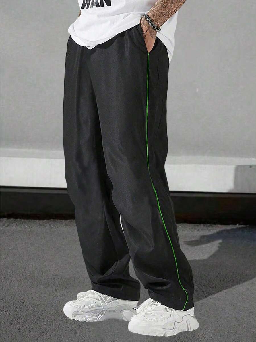 1件男士夏季薄款寬鬆跑步戶外訓練休閒長褲,條紋直筒通勤褲 - 黑色 - 查看 1