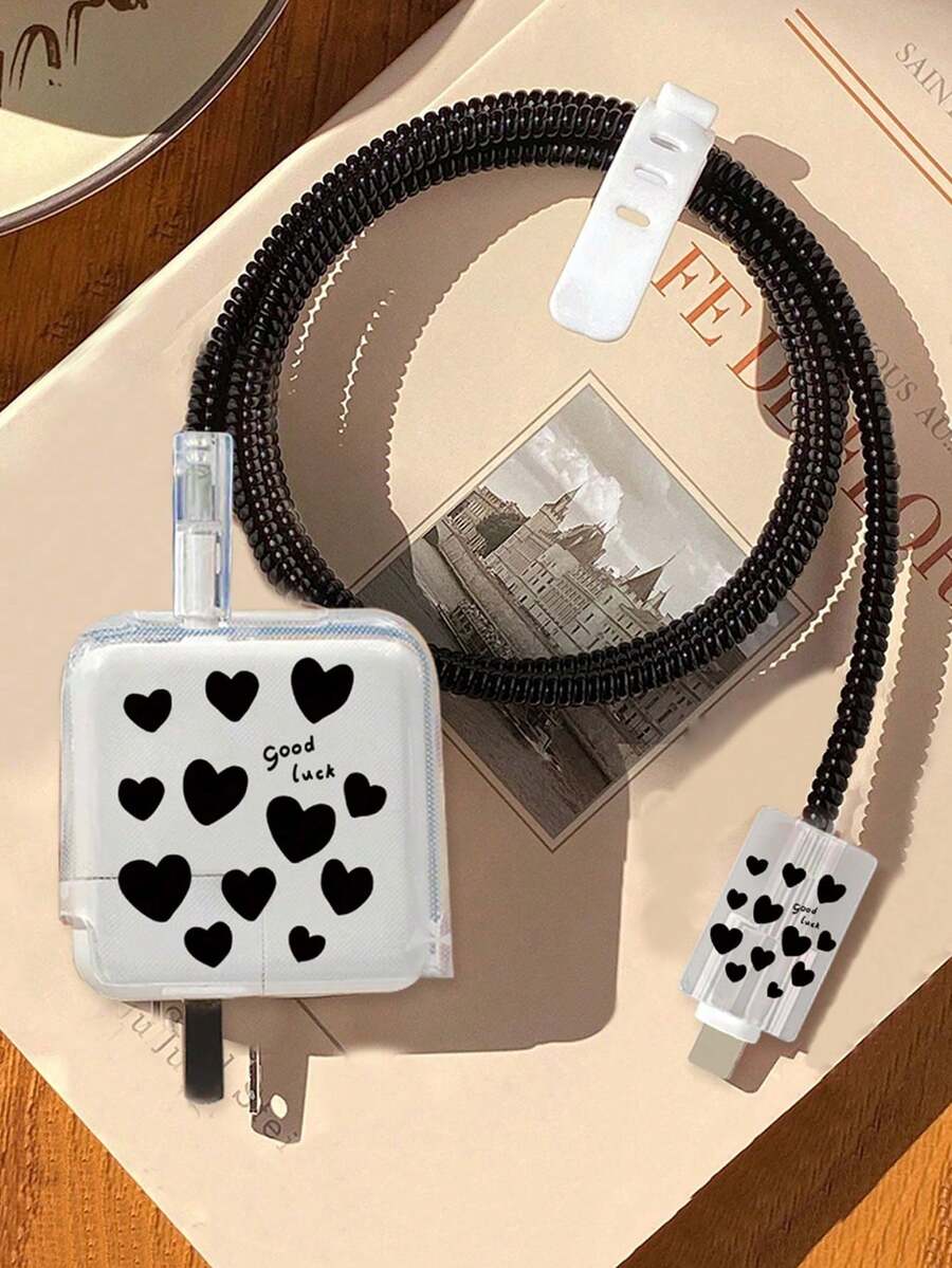 5个装心形印花TPU充电器保护套，适用于苹果30W-35W充电器和数据线，粉色/蓝色/黑色 - 彩色 - 查看 1