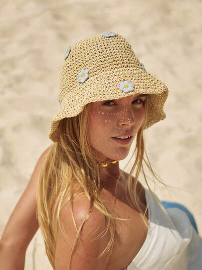 1 chiếc mũ rơm gấp gọn điều chỉnh được dành cho nữ, mũ chống nắng đi biển họa tiết hoa với vành rộng, mũ mùa hè.