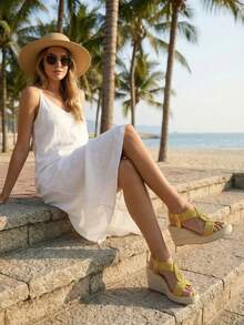Sandales compensées mode ajourées à enfiler pour femmes - Jaune citron - Voir 7
