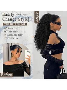 Kinky Curly Ponytail Extension For Women 22 Inch Black Drawstring Ponytail Synthetic Long Afro Kinky Ponytail Extension Deep Curly Instant Clip Hair Ponytail - Multicolor - View 8