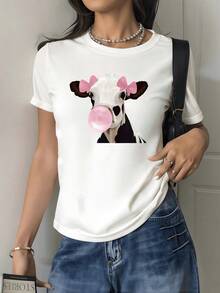 Vaca con lazo rosa y chicle que transmite diversión y ternura reflejando una actitud alegre y creativa perfecta para un look relajado camiseta de mujer casual 220g - Blanco - Ver 8