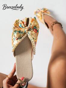 Women's Student Back-To-School Season Full-Print Faux Pearl Design Bow Flat Sandals Outdoor Fashion Wedding Work School Dormitory Vacation Travel Beach Can Be Worn - 金色 - 查看 6