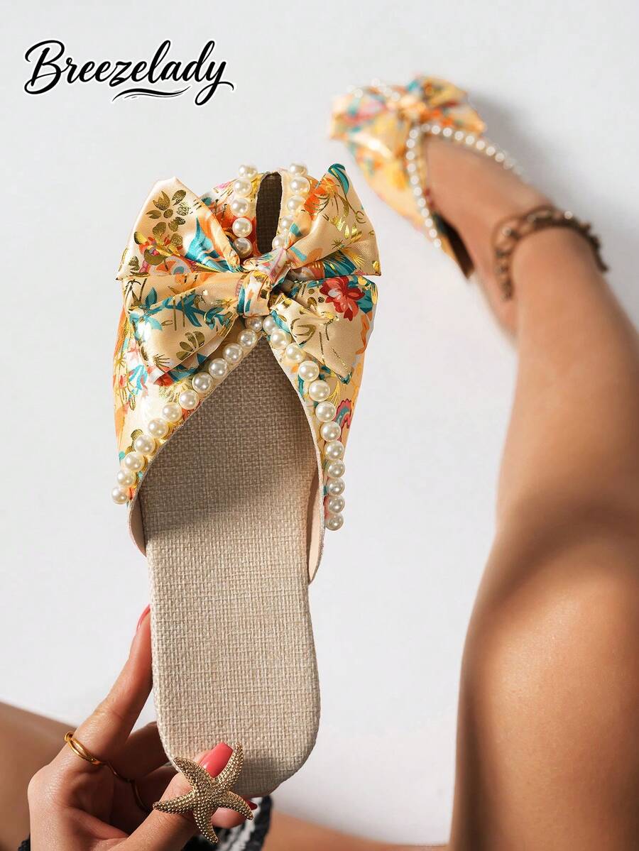Women's Student Back-To-School Season Full-Print Faux Pearl Design Bow Flat Sandals Outdoor Fashion Wedding Work School Dormitory Vacation Travel Beach Can Be Worn - Vàng - Xem 1