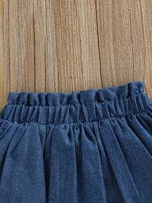 Pantalones cortos de mezclilla para niñas, con cintura elástica y plisados, skorts sólidos de verano para uso casual diario - dril - Ver 4