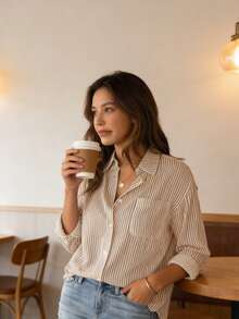 Women's Striped Long-Sleeved Shirt - Màu Khaki - Xem 1