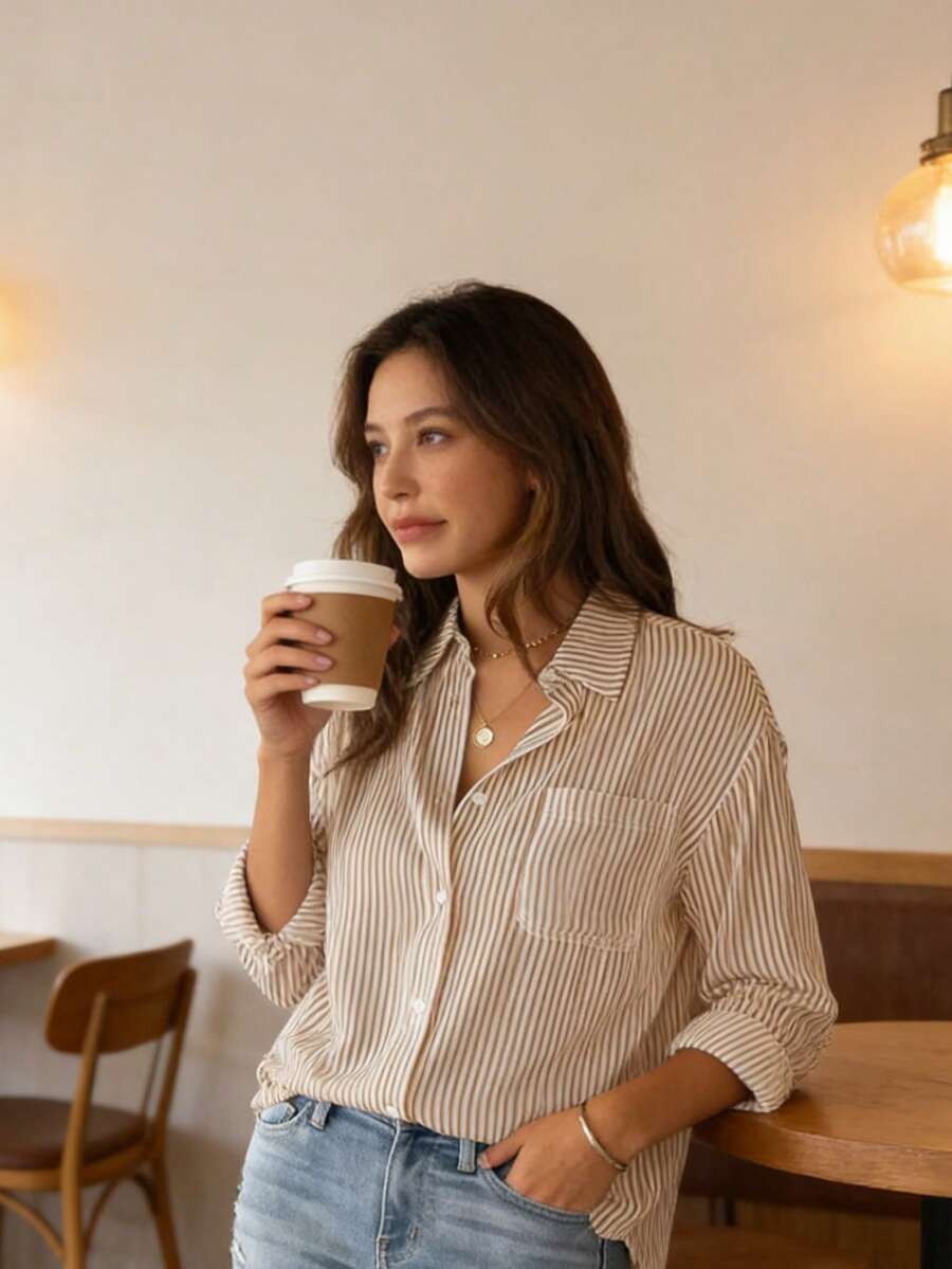 Women's Striped Long-Sleeved Shirt - Màu Khaki - Xem 1