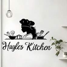1pc "Hayles Kitchen" Decorative Kitchen Sticker. The Main Body Is A Silhouette Of A Woman Wearing A Chef's Hat, Surrounded By Kitchen Utensils Such As A Frying Pan, Whisk, And Spatula. The Overall Style Is Simple Yet Full Of A Homely Cooking Atmosphere, Used To Beautify The Kitchen Environment And Create A Warm Culinary Ambiance. - one-size - View 5