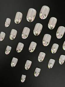 24pcs Nude Color Daisy Flower Nail Stickers, Short Oval Cute False Nails With Gentle Nude Base Color And Pink, White, Yellow Mini Floral Decor. Suitable For All Seasons (Spring, Summer, Autumn, Winter), Nail Art Products, Short Oval Nails, Acrylic Nails, Fit For Spring/Summer Commuting, Spring Outing, Garden Party, Etc. Glossy And Bright Design. - Multicolor - View 4