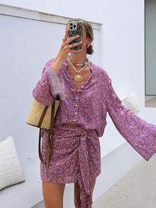 Women's Casual Bohemian Style Elegant 2-Piece Set, Shirt Collar Top Paired With Tie-Up Midi Skirt Spring - Lilac Purple - View 2