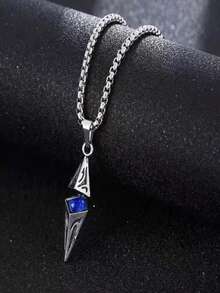 1pc/Fashion Unisex Blue Stone Pendant Necklace With Stainless Steel Chain, Geometric Design, Perfect As A Boyfriend/Girlfriend Gift, Party Accessory, Summer Fashion Essential - Multicolor - View 2