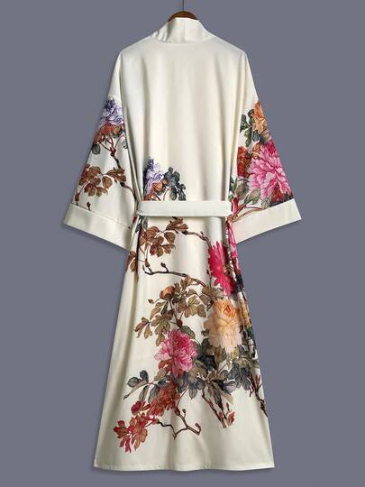 日式玫瑰印花中长款七分袖和服罩衫薄款外套，优雅派对/街头休闲罩衫，沙滩/度假装，轻便长袍，含腰带