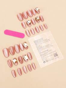 30 Pieces Press On Nails Short Oval/The Nails Are Overlaid With Fine Glitter Gold Powder/Cat Eye Glue And Embedded With Square Cut Metal Frame Diamond Jewelry, Which Is Suitable For Daily Commuting, As Well As Formal Occasions Such As Dates And Dinners. It Is A Representative Style Of Gentle Imperial Style. - Multicolor - View 2