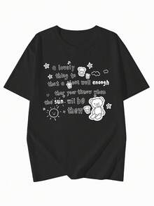 Áo thun ngắn tay cổ tròn màu đen mới mùa hè 2026, kiểu dáng rộng rãi thoải mái, in hình gấu dễ thương và chữ tiếng Anh, mềm mại, ngọt ngào, nữ tính, dễ thương, thời trang học sinh, đa năng dành cho nữ. - màu đen - Xem 5