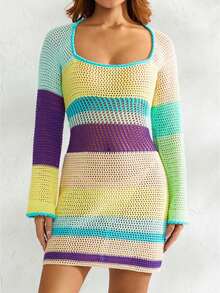 Women Crochet Knit Mini Dress Long Sleeve Colorful Mesh Cover Ups Casual Sweater Dress Summer Beach Wear - Màu vàng - Xem 1