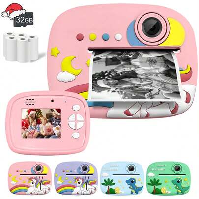 Máy ảnh in ảnh tức thời, máy ảnh kỹ thuật số độ phân giải cao 1080P, tặng kèm thẻ nhớ 32GB, chất lượng ảnh 48MB, hỗ trợ zoom 16x, có thể chụp ảnh selfie, chụp hẹn giờ 3 giây, 5 giây hoặc 10 giây, và chế độ lưu ảnh từ thẻ nhớ cho phép chụp liên tiếp 3 hoặc 5 ảnh. Có bốn màu để lựa chọn: Xanh dương, Hồng, Xanh lá cây và Tím.