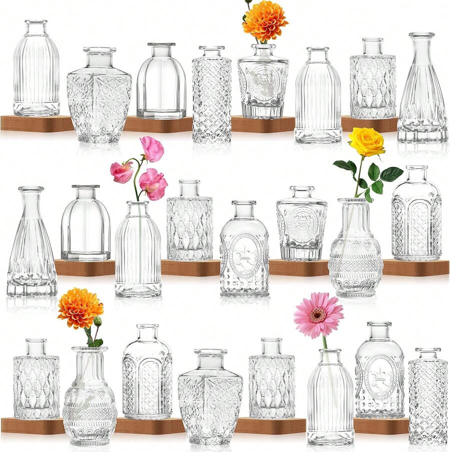 INFTYLE Glasvasen-Set, 24 Stü, kleine Glasvase für Blumen, Knospenvasen in Großpackung, Vintage-Blumenflasche, kleine Glasvase für Blumenarrangements, dekorativer Mittelpunkt, Dekoration für F3Y4 - Clear-24 - Übersicht 1