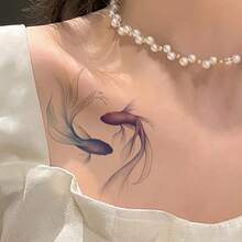 1 Set Mermaid Twin Fish Encircle Pattern Temporary Tattoo Sticker, Long-Lasting, Realistic Appearance, Waterless, Glare-Free Fake Tattoo, Unisex, Ideal Gift Choice - Black - View 10