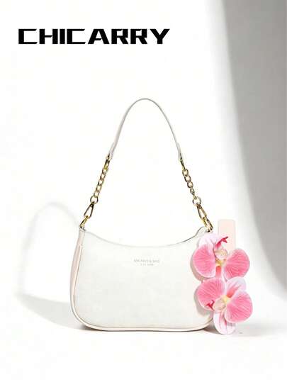 Women's White Summer Shoulder Bag, New Fashionable And Elegant, Waterproof PU Material, Beach Vacation Bag, Baguette Bag, Decorated With Butterfly Orchid Flowers, Letter Graphic Design, Solid Color Crescent Shoulder Bag, Chain Shoulder Underarm Bag, Cherry Pendant Decor, Fashionable Women's Shoulder Bag, Business Commuter Bag, Lightweight, Suitable For Shopping And Gatherings, Portable
