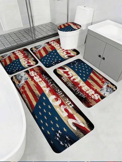 3/5件套美国独立250周年纪念浴室地垫套装，“250 YEARS”自由女神像剪影条纹图案，柔软吸水防滑浴室配件 - 包括马桶座套、U型马桶垫、浴室门垫、梳妆垫、浴缸大脚垫 - 法兰绒+记忆海绵+涤纶面料 - 可水洗，防霉 - 四季皆宜，适用于家庭/酒店/宿舍/户外露营/学校宿舍/西式/节日浴室装饰，返校必备，乔迁礼物