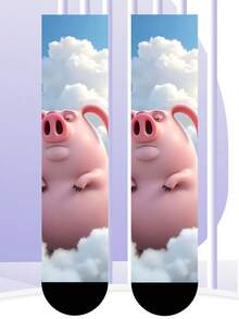 1 Pair 360 Print Funny Pig Crew Socks For Men & Women - Novelty 3D Piggy Face Mid-Calf Socks, Cute Cartoon Pig Socks, Fun Casual Novelty Socks - Multicolor - View 6