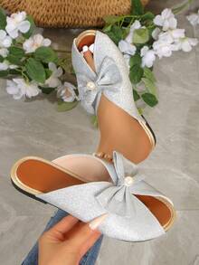 银色亮片蝴蝶结穆勒鞋 女士露趾无后跟拖鞋 夏季休闲平底凉鞋 - 銀色 - 查看 14