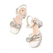 2026 Summer New Low Block Chunky Heels Sandals For Girls, Fashion Rhinestone Bow Decor Open Toe Summer Sandals Party Dress Pumps Shoes - trắng - Xem 6