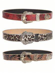 Women's Vintage All-Match Western Style PU Leather Belt With Three Buckles & Carved Flowers, Leopard & Cow Pattern Halloween Summer, School Fall, Autumn, Halloween - 黑色 - 查看 9
