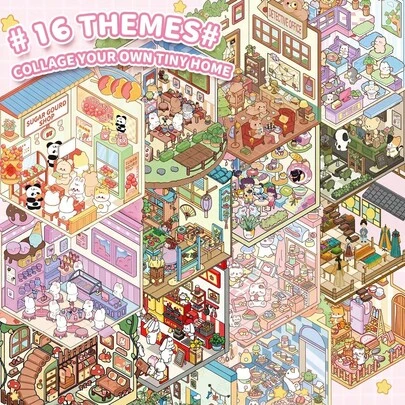 彩色迷你小屋3D贴纸套装：预裁切场景贴纸和场景卡片，8款可爱动物迷你房间主题，非常适合用于日记、剪贴簿和春季自我护理