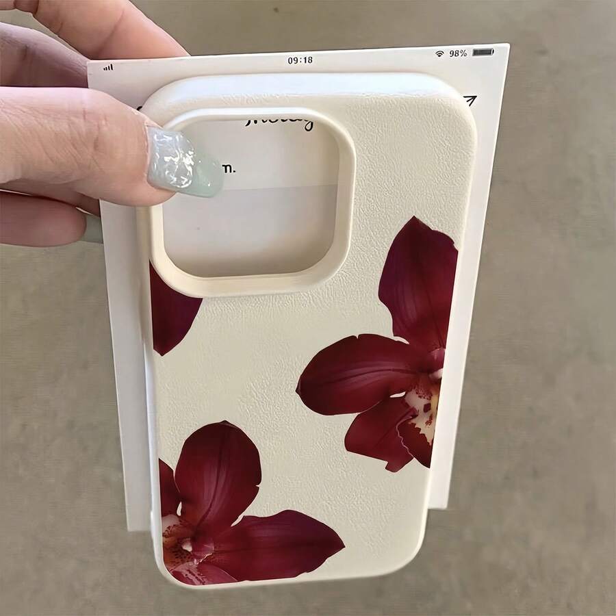 1pc White Matte Minimalist Lens Protection Deep Red 3 Burgundy Orchid Flower Pattern Phone Case, Personalized Compatible With IPhone 16 Pro Max, 17/16/15/14 Plus/13/12/11, Air, Compatible With Samsung Series, International Version,  Not The Domestic Version - Multicolor - View 1