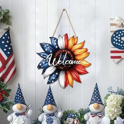 独立日欢迎木质标牌，节日装饰门廊悬挂牌匾