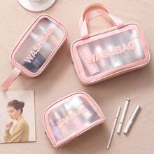 1pc PVC Transparent Large Capacity Cosmetic Bag, PU Waterproof Portable Toiletry Bag, Women's Handheld Travel Organizer, Pink - Pink - View 5